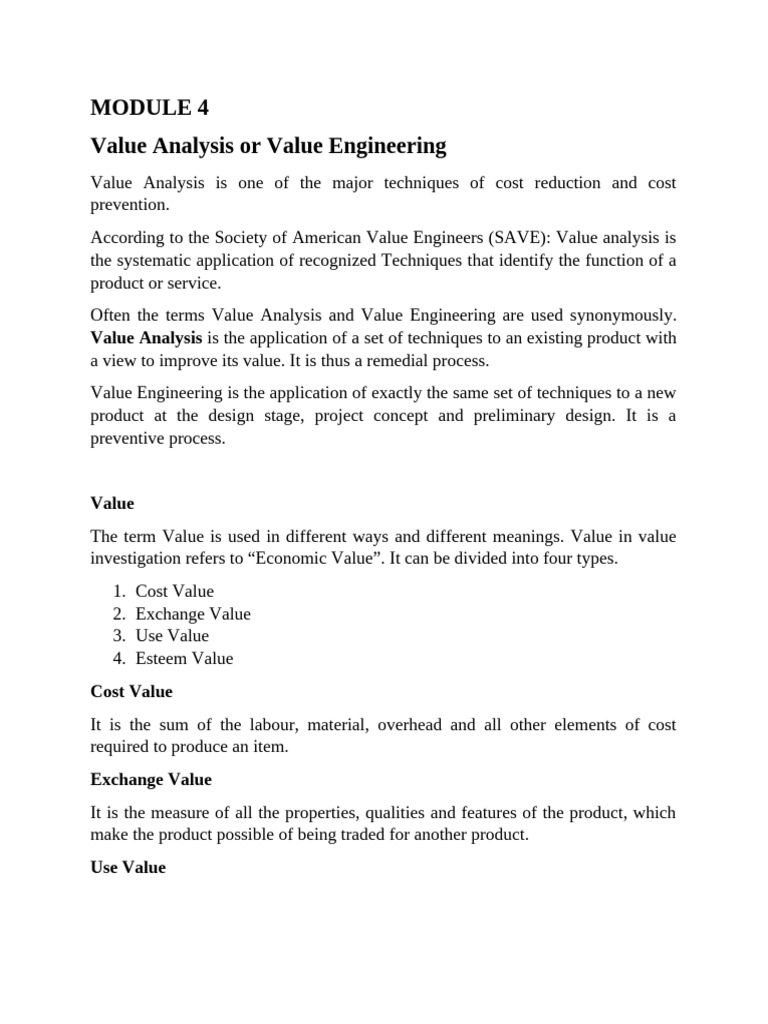 Value Analysis and Engineering Techniques | PDF | Value (Economics ...