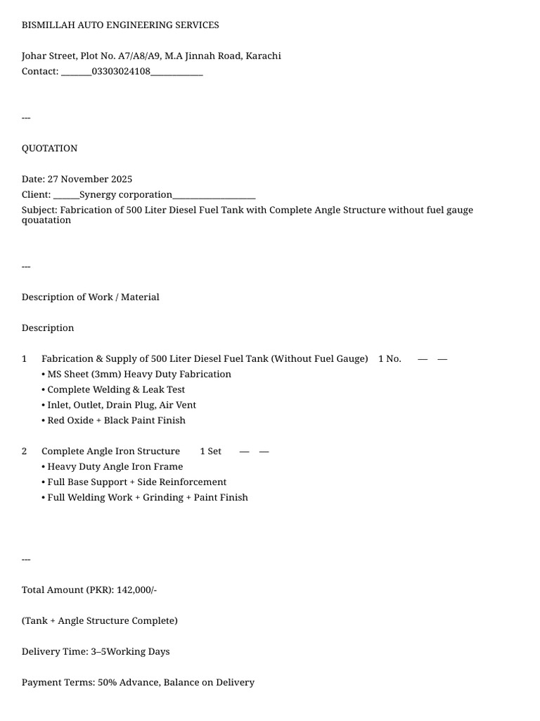 Diesel Fuel Tank Quotation - Karachi | PDF