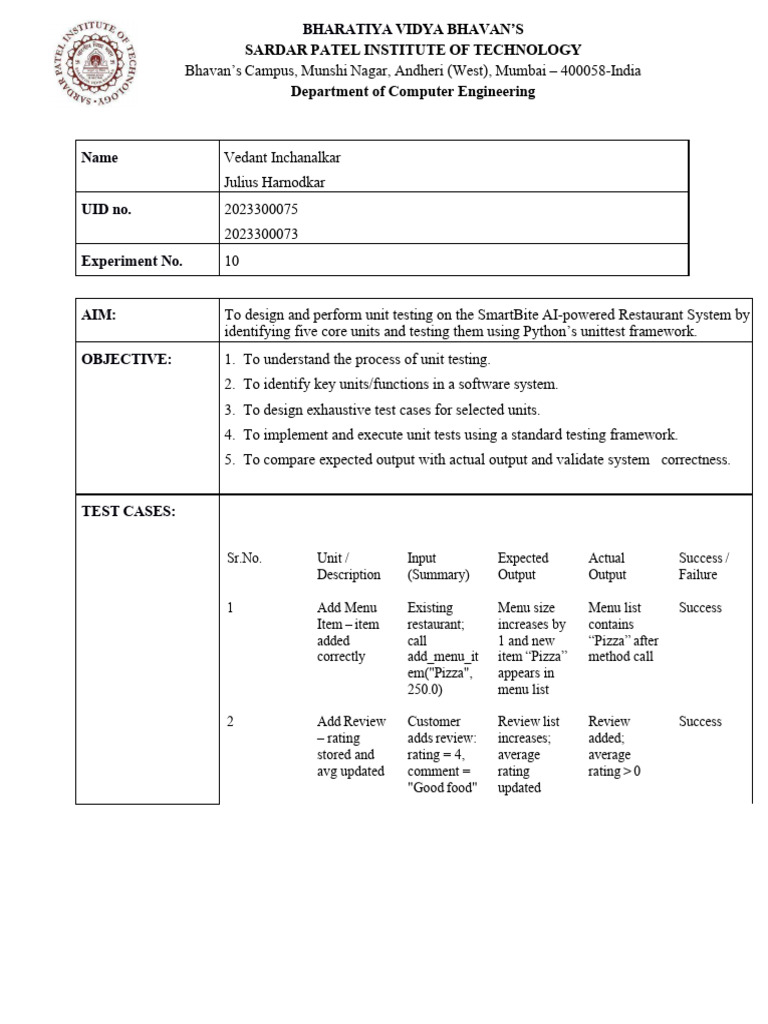 Unit Testing SmartBite System in Python | PDF | Software Engineering ...