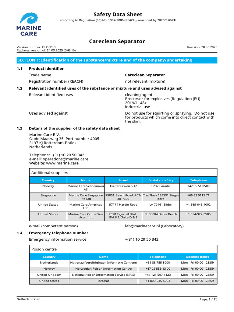 Careclean Separator Safety Data Sheet | PDF | Dangerous Goods | Toxicity