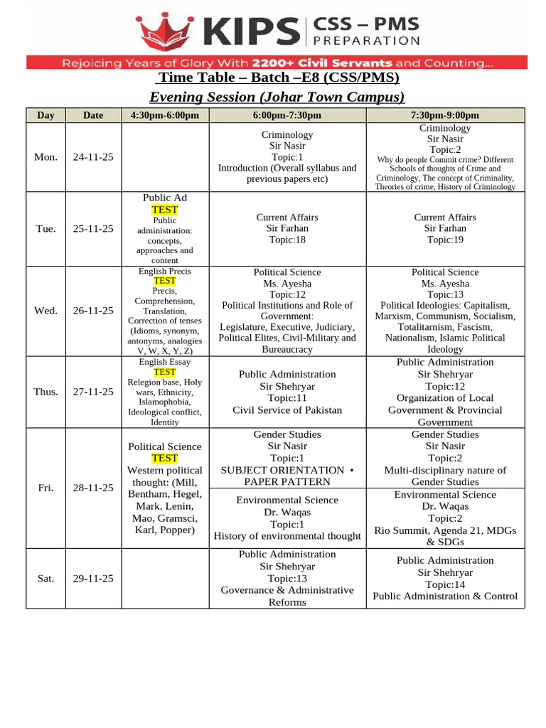 Evening Session (Johar Town Campus) : Time Table - Batch - E8 (CSS/PMS ...
