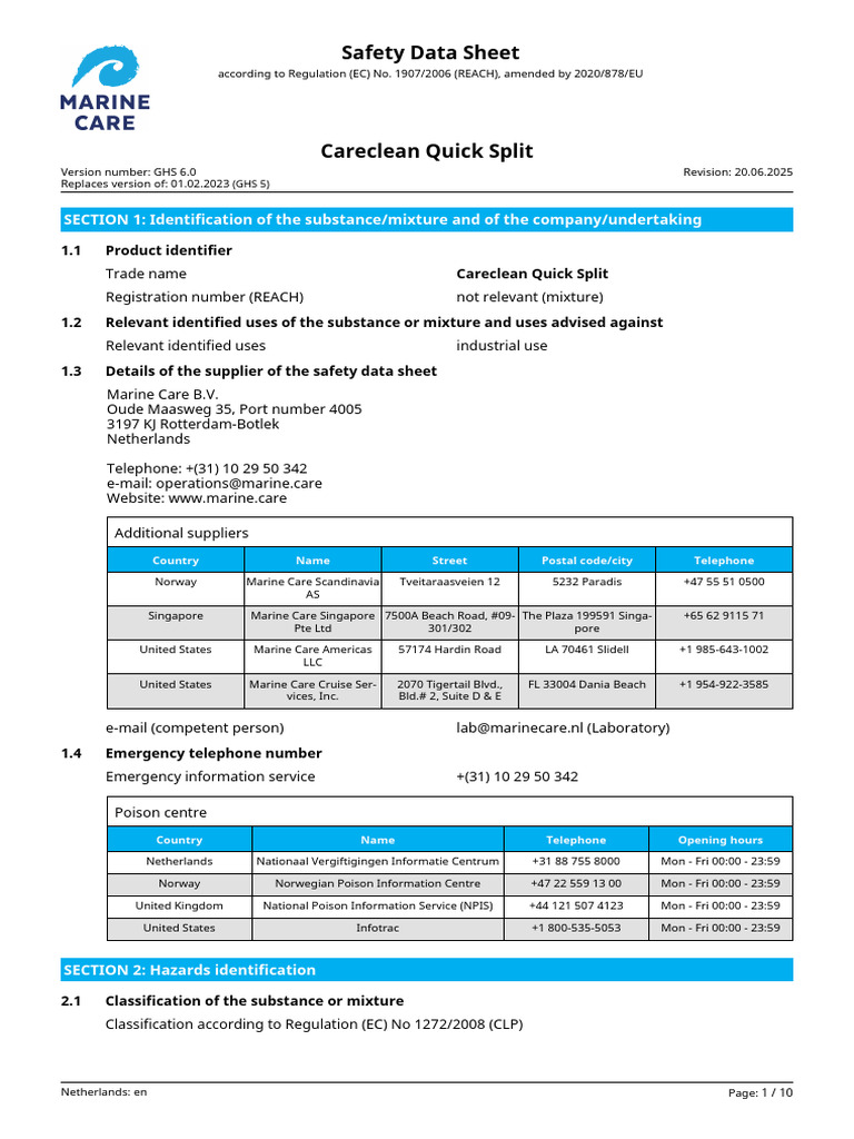Careclean Quick Split Safety Data Sheet | PDF | Dangerous Goods | Toxicity