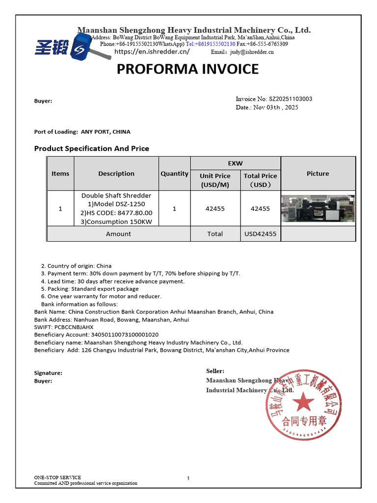 Double Shaft Shredder Proforma Invoice | PDF | Bearing (Mechanical ...