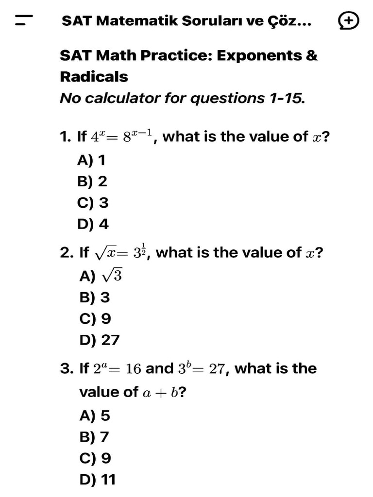 SAT Math Practice: Exponents & Radicals | PDF