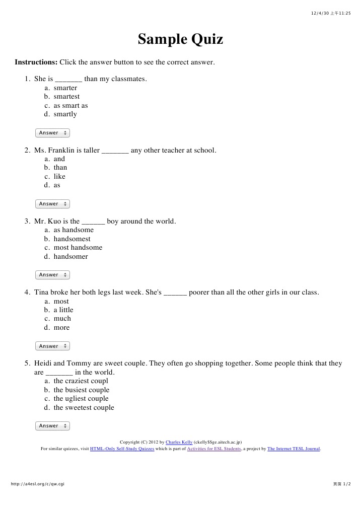 ESL Comparative Quiz Sample | PDF | Language Arts & Discipline | Wellness