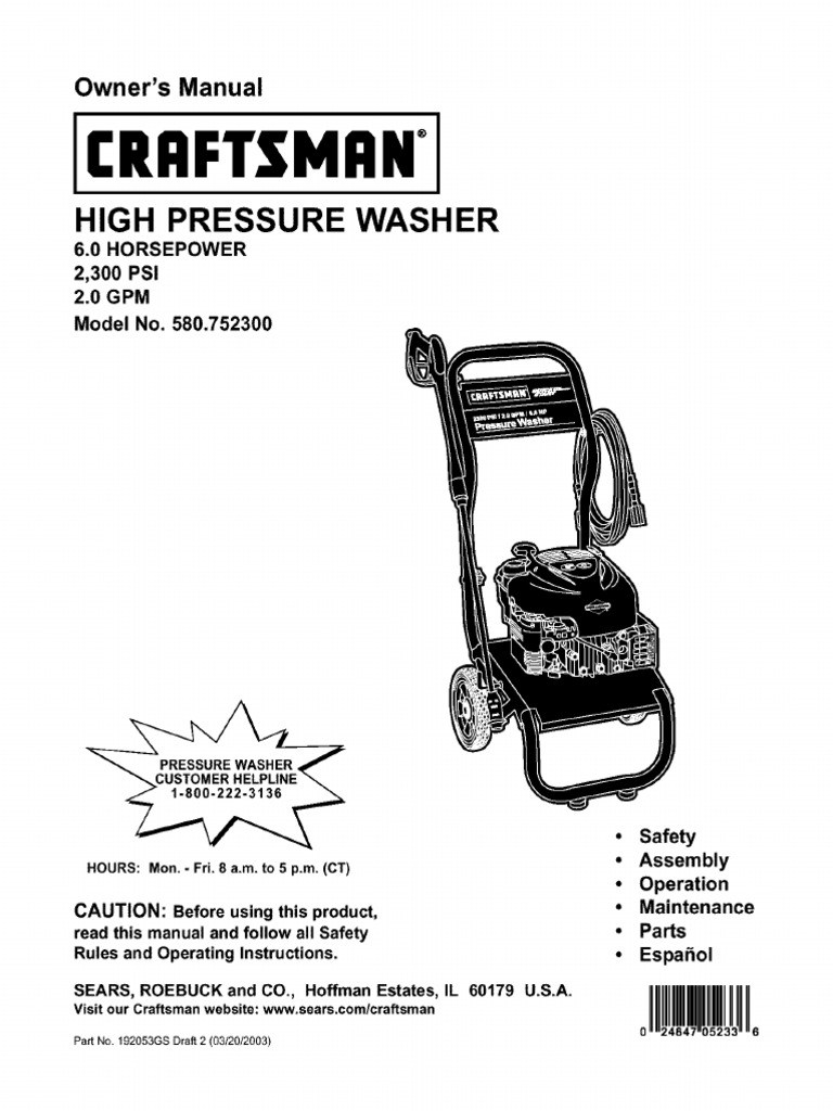 Craftsman 2300 PSI Pressure Washer Manual | PDF | Gasoline | Motor Oil