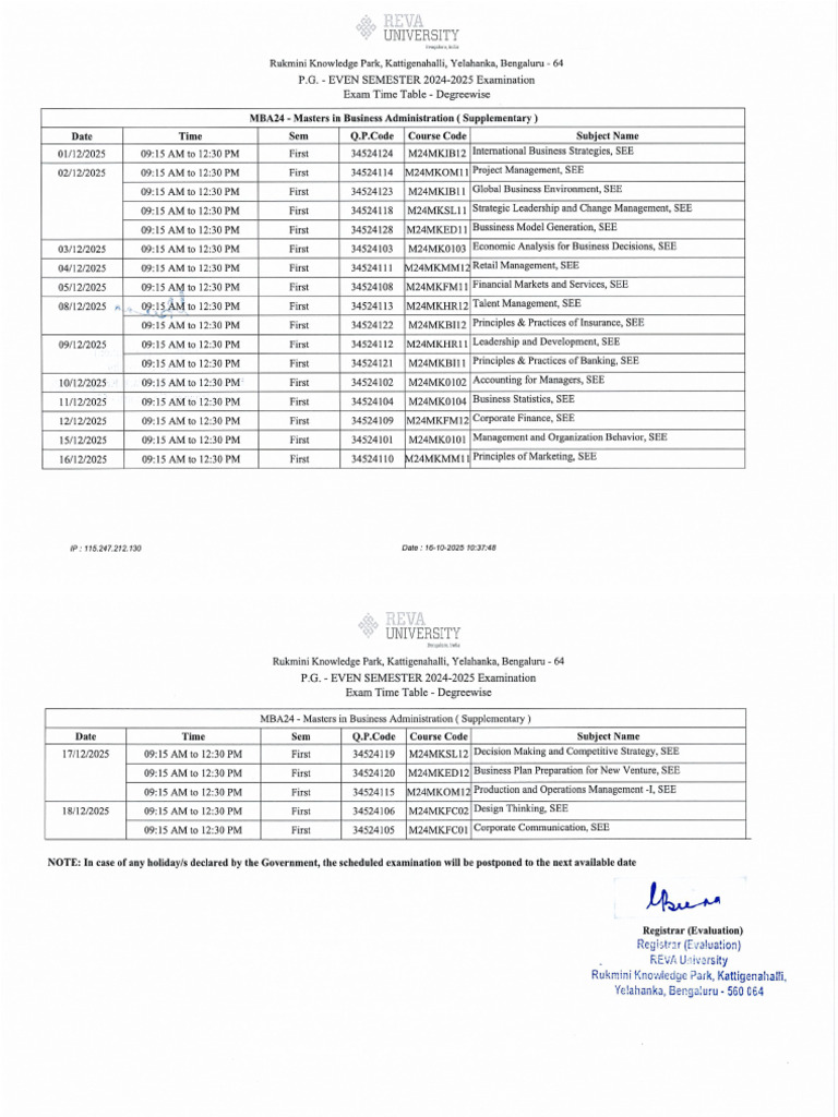 SEE Time Table - MBA24 - Masters in Business Administration | PDF