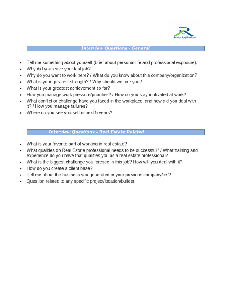 Essential Interview Questions for Real Estate | PDF