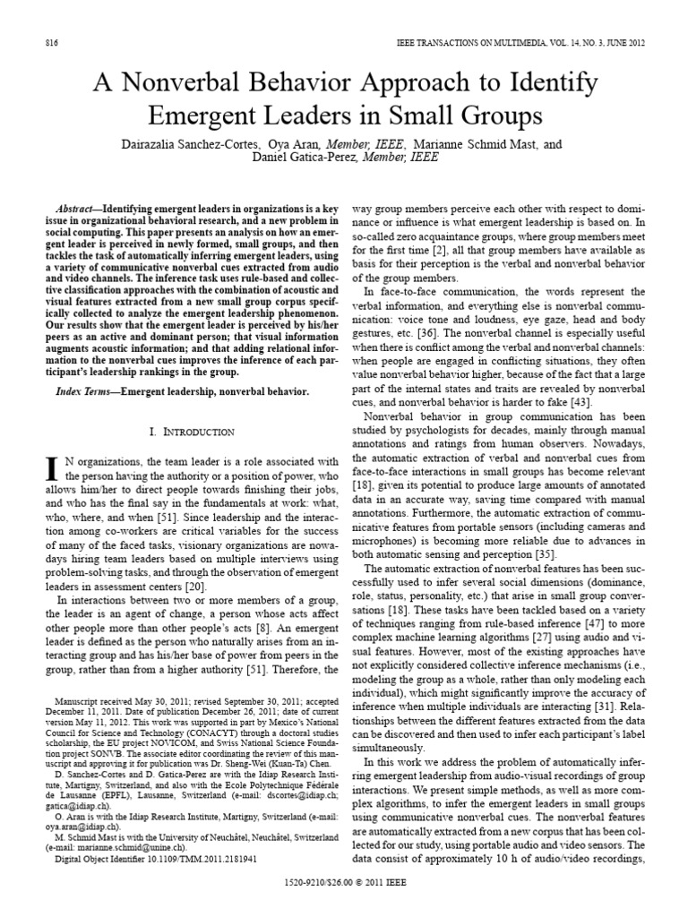 A Nonverbal Behavior Approach To Identify Emergent Leaders in Small ...