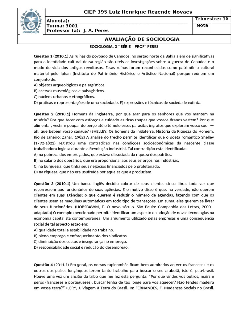 Avaliação de Sociologia - CIEP 395 | PDF | Democracia | Ideologias ...