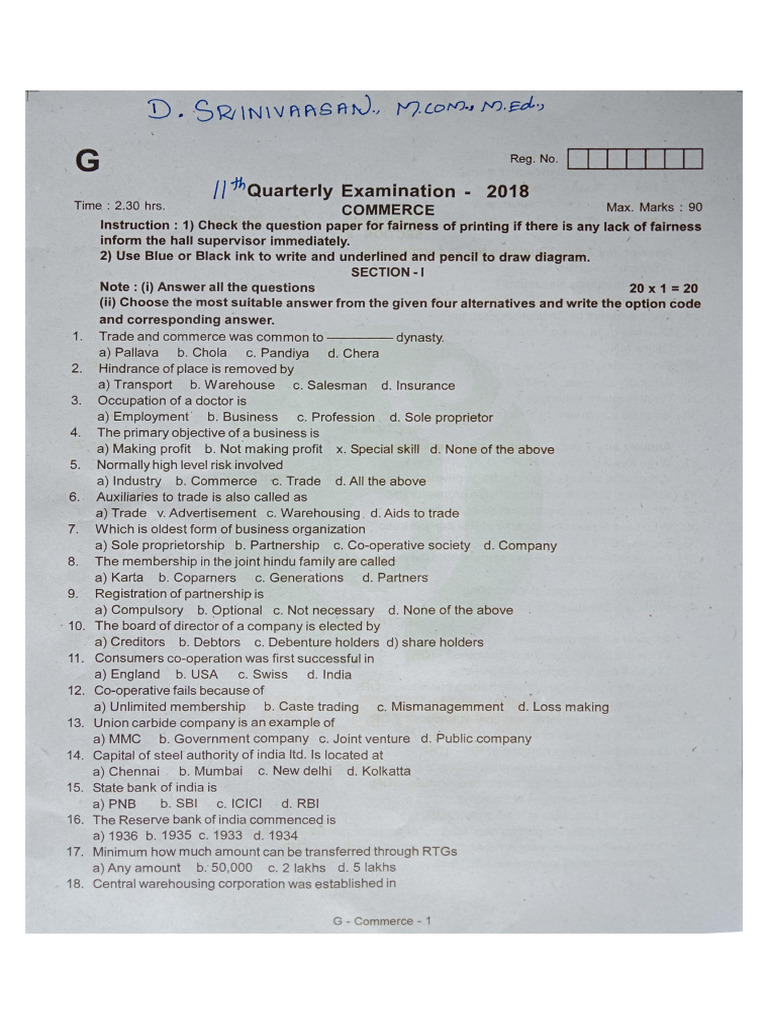 11th Commerce Question Paper For Quarterly Exam 2018 English Medium | PDF
