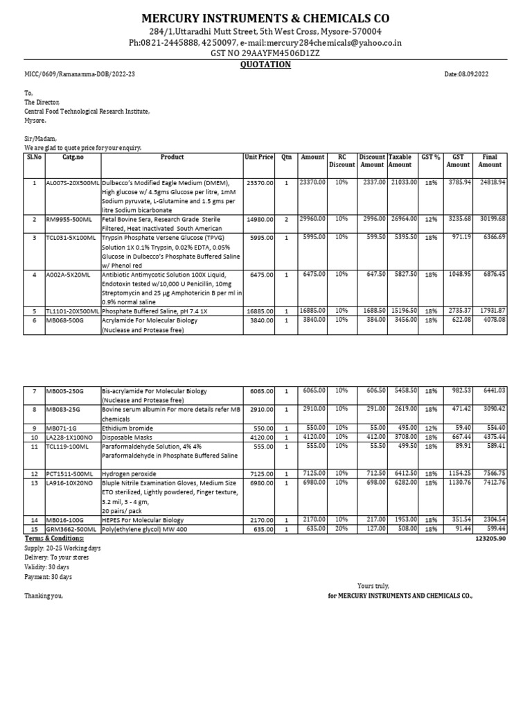 Quotation for Laboratory Chemicals and Supplies | PDF | Chemical ...