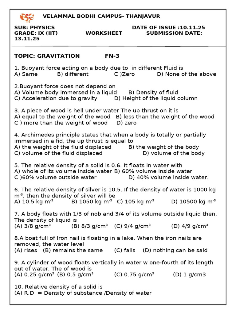 IX Grade Physics Worksheet on Gravitation | PDF | Buoyancy | Density