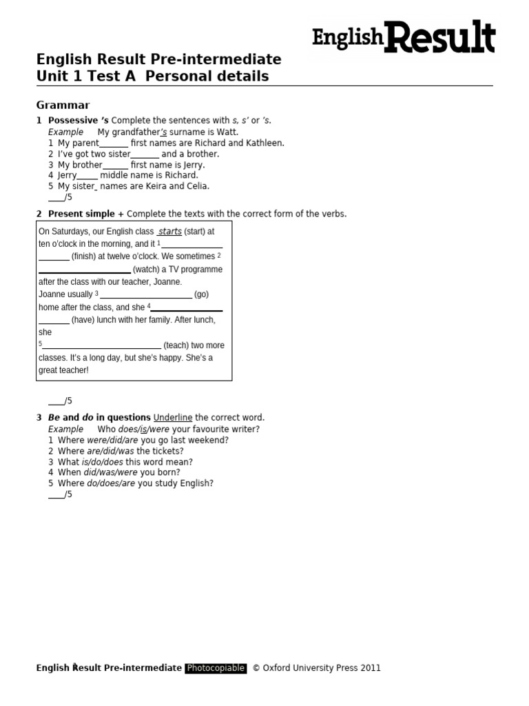 Pre-Intermediate English Unit 1 Test | PDF | English Language | Linguistics