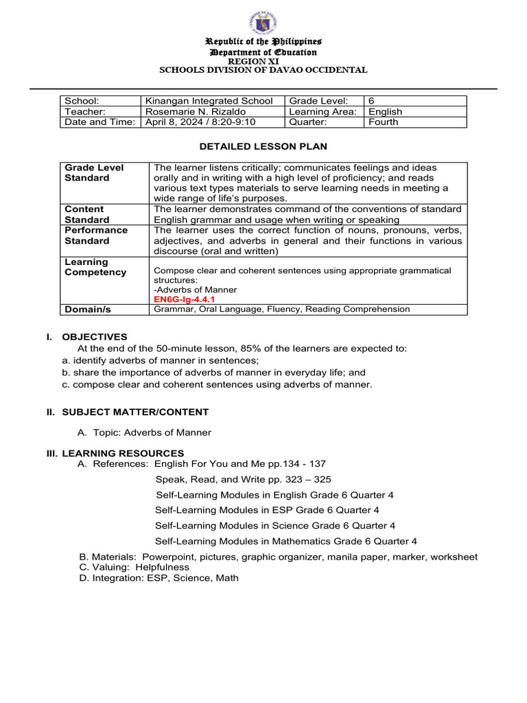 Grade 6 Adverbs of Manner Lesson Plan | PDF | English Language | Adverb
