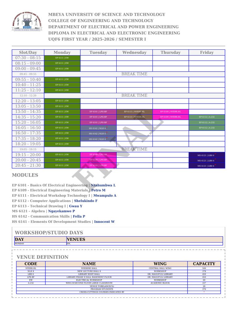 Mbeya University Electrical Engineering Timetable | PDF | Academic Term ...