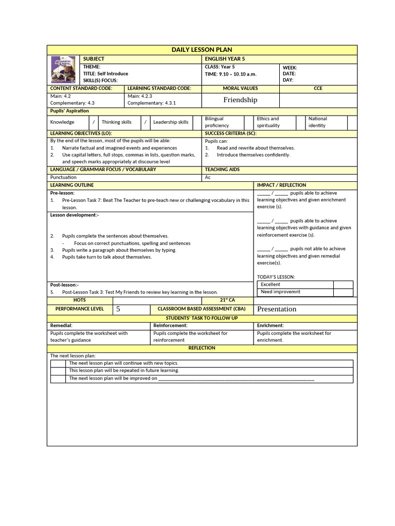 Daily Lesson Plan - Self Introduce | PDF | Lesson Plan | Teachers