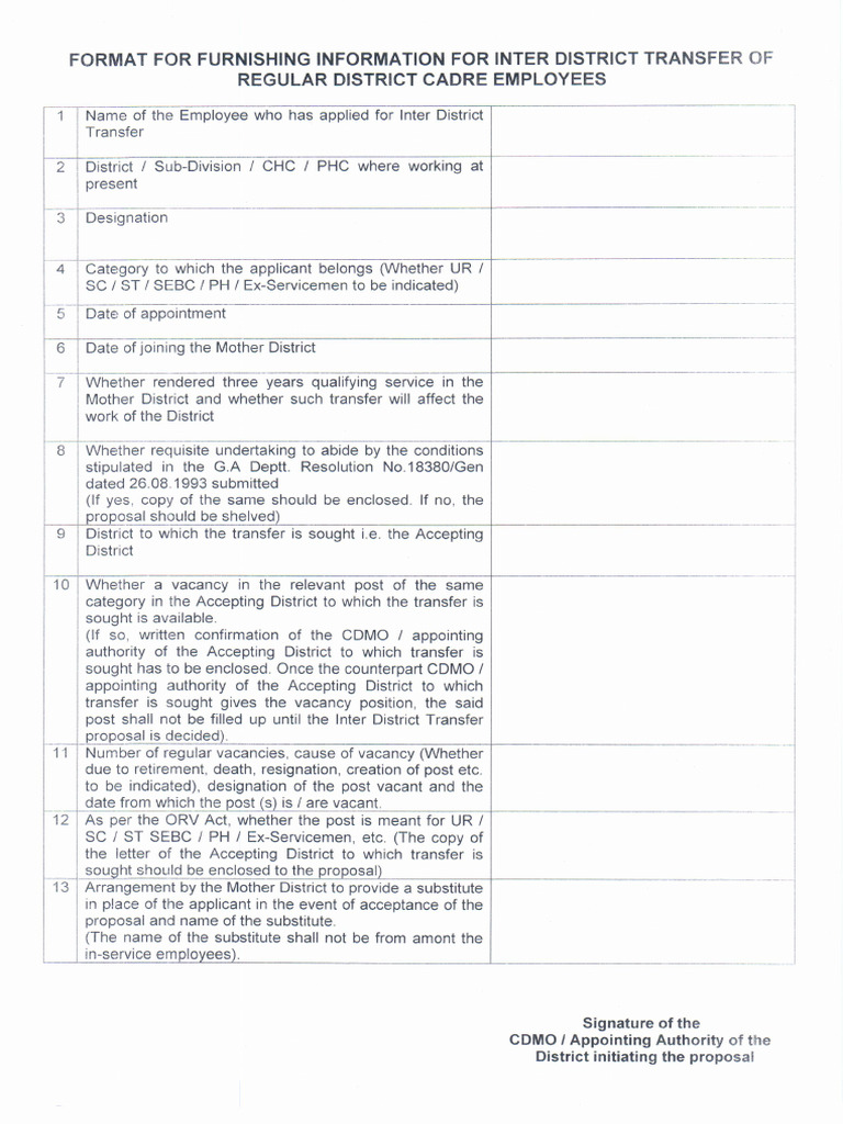 Inter-District Transfer Undertaking Form | PDF