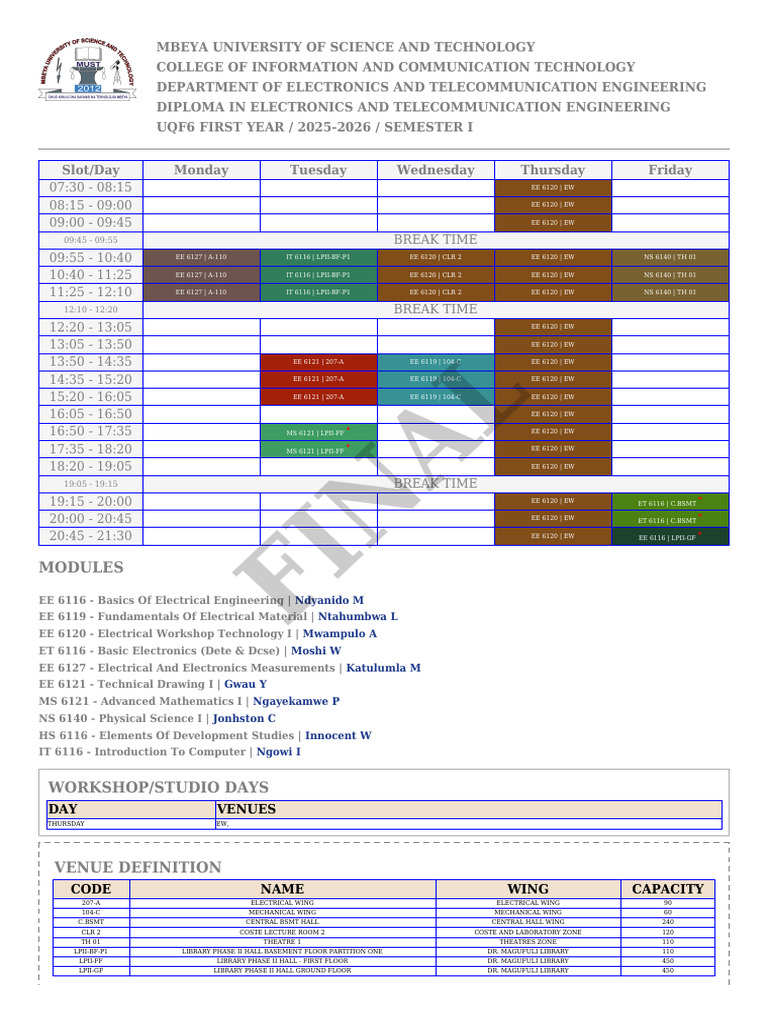 Mbeya University Electronics Engineering Timetable | PDF ...