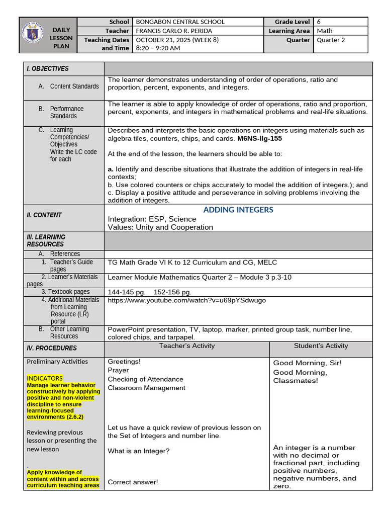 Lesson Plan: Adding Integers in Math | PDF | Educational Assessment ...