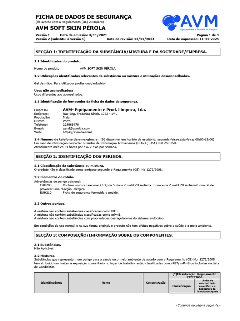 Ficha de Segurança AVM Soft Skin Pérola | PDF | Toxicidade | União Europeia