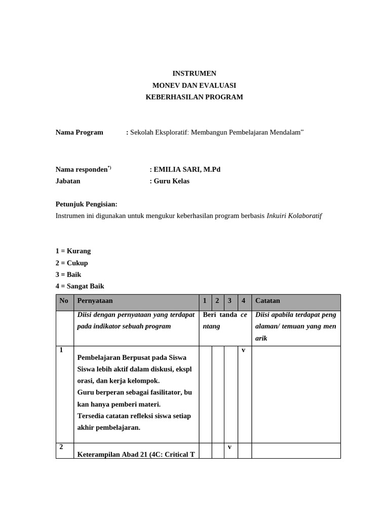Monev Keberhasilan Program Sekolah Eksploratif | PDF