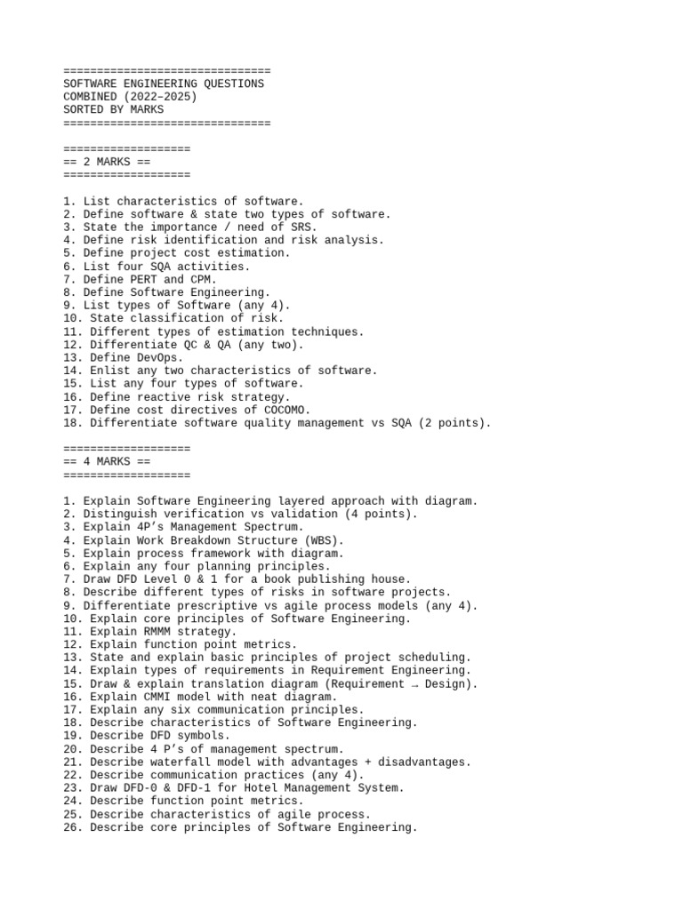 Software Engineering Questions by Marks | PDF | Systems Engineering ...