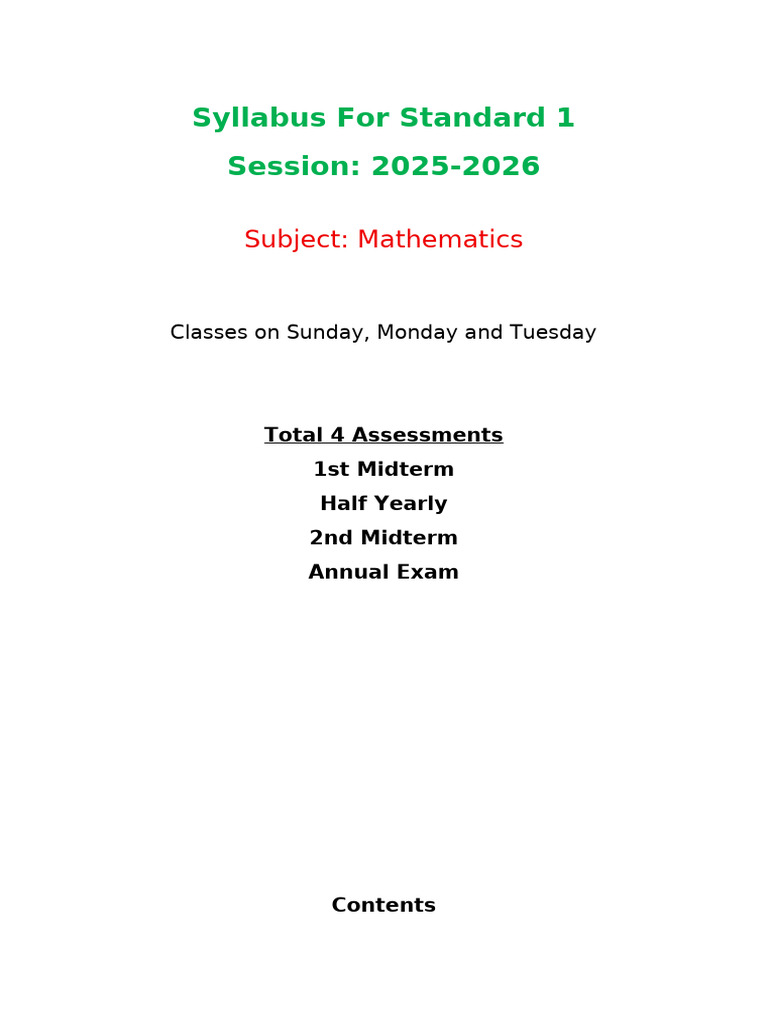 Standard 1 Math Syllabus 2025-2026 | PDF | Mathematics