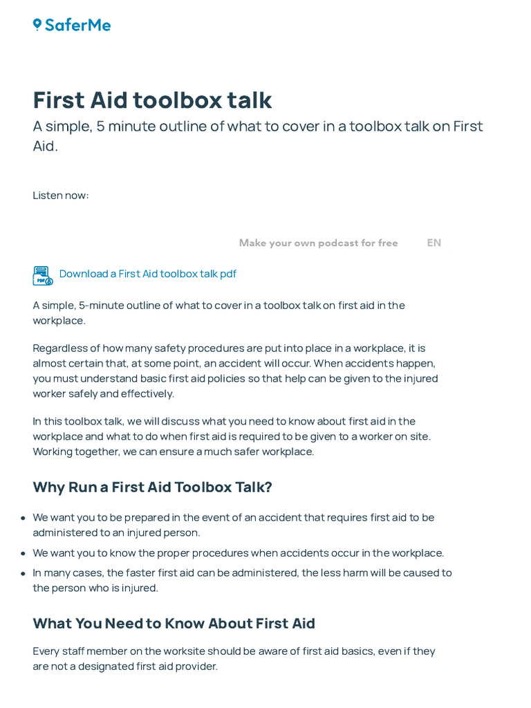 First Aid Toolbox Talk Guide | PDF | Occupational Safety And Health ...