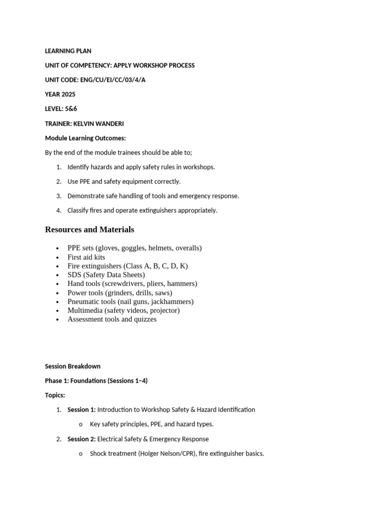 Workshop Safety Training Plan 2025 | PDF | Personal Protective ...