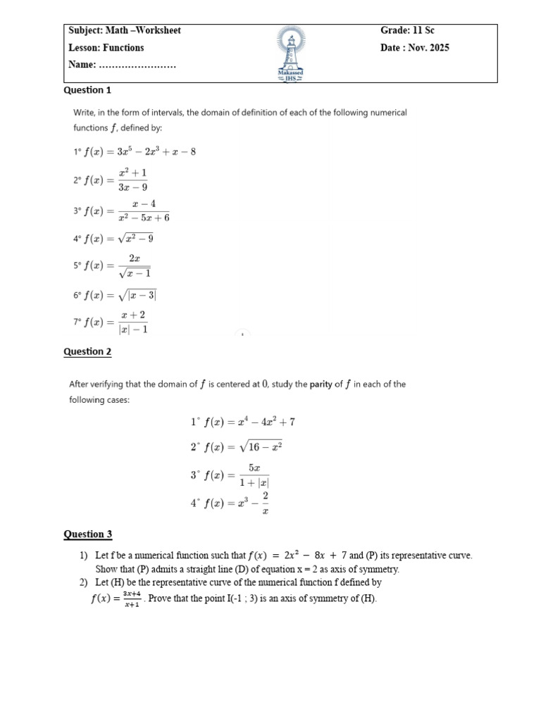 Math Worksheet on Functions and Symmetry | PDF
