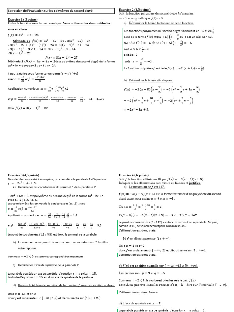 Correction évaluation polynômes degré 2 | PDF | Mathématiques ...