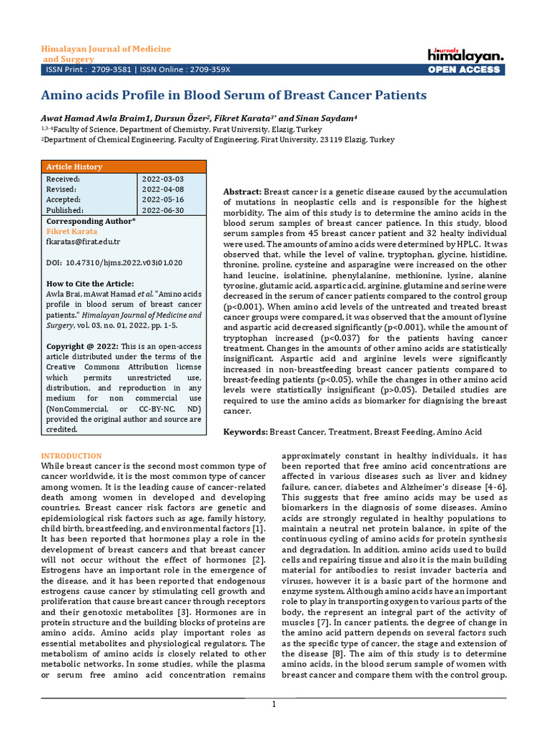Amino Acids Profile in Blood Serum of Breast Cancer Patients | PDF ...