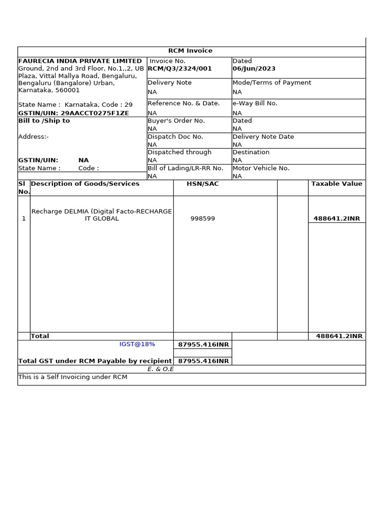 RCM Invoices for Faurecia India | PDF | Invoice | Taxes