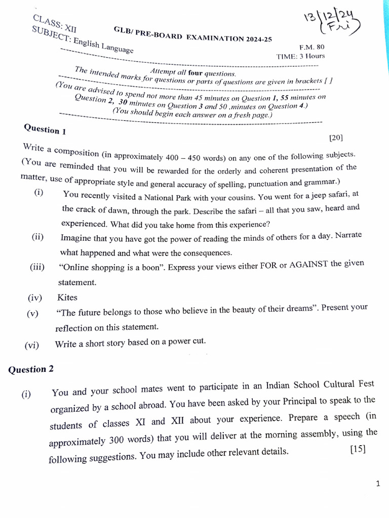 Class XII English Language Exam Questions | PDF | Linguistics