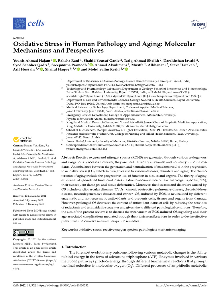 Oxidative Stress in Human Pathology and Aging Molecular | PDF ...