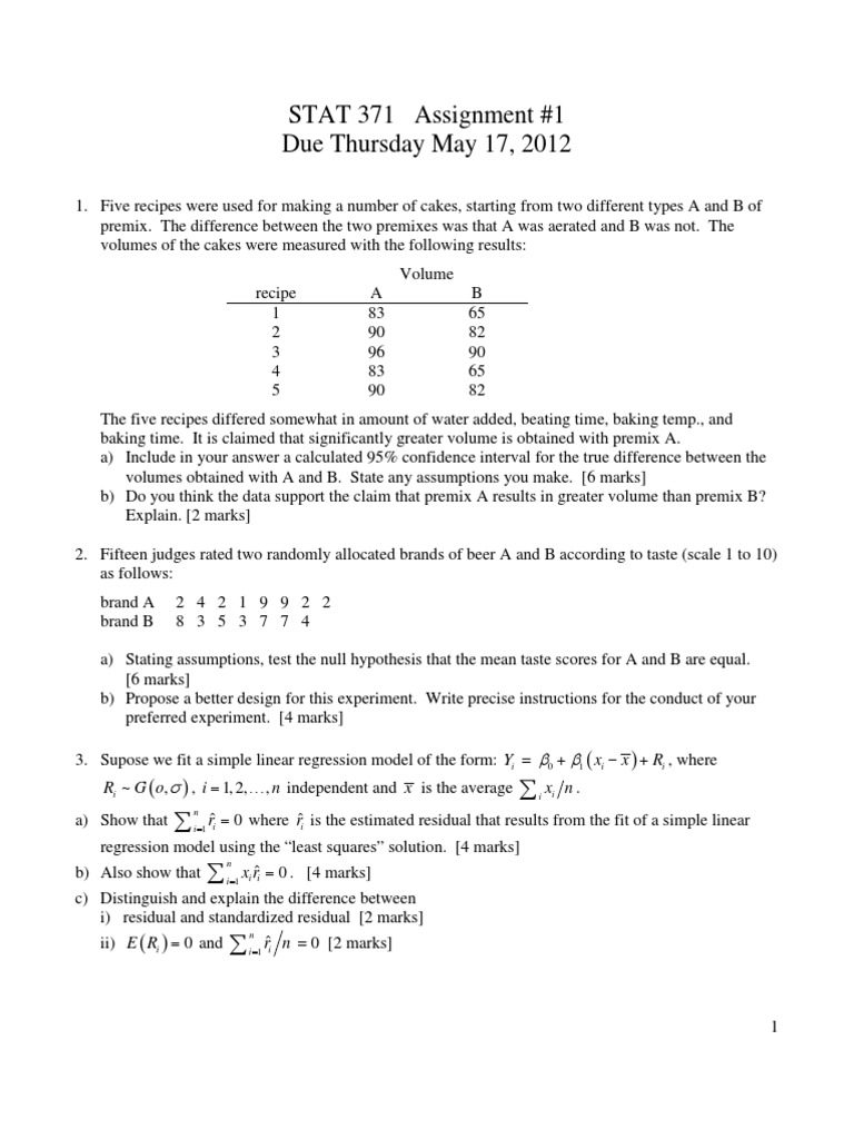 Stat 371 Ass#1 | PDF | Regression Analysis | Errors And Residuals