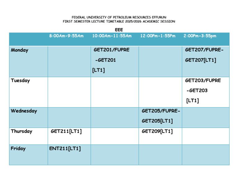 FUPRE 2025/2026 Lecture Timetable | PDF