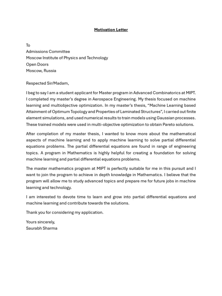 Master’s Motivation Letter for MIPT | PDF
