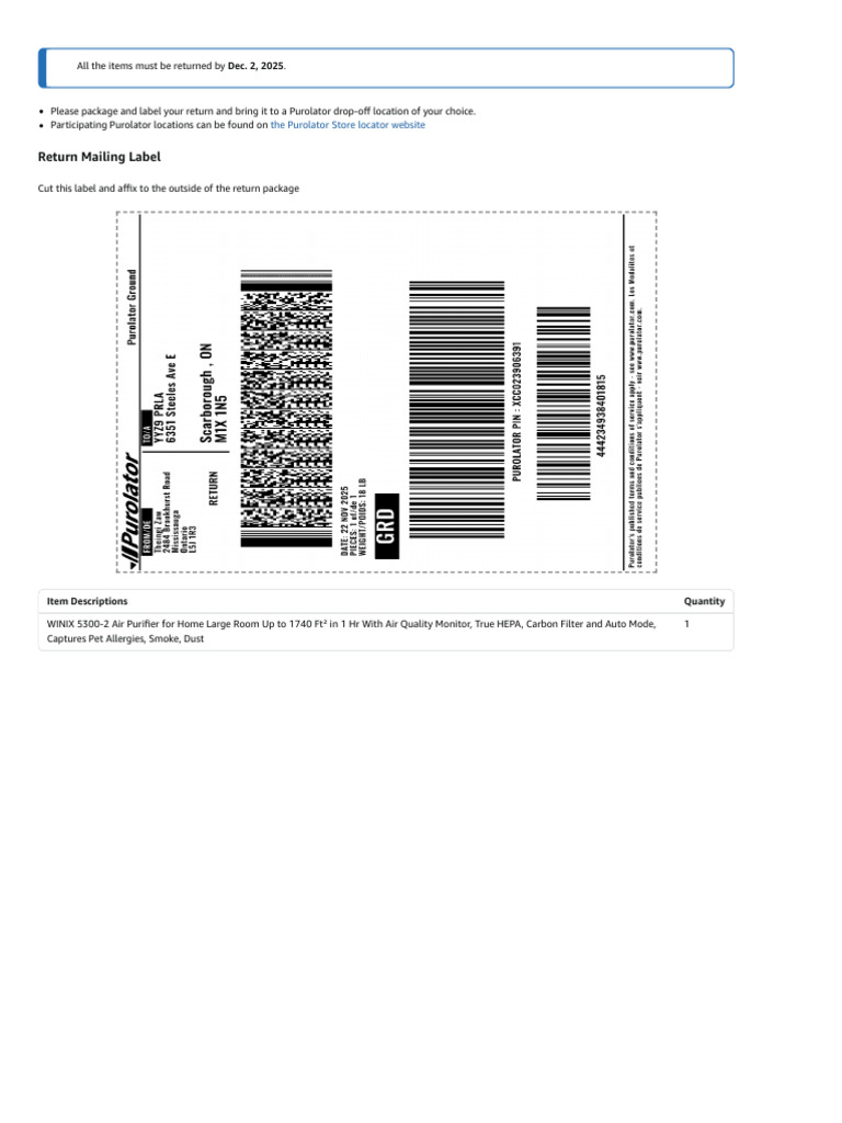 Return Instructions for WINIX Air Purifier | PDF