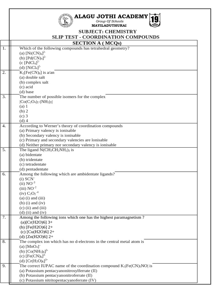 Coordination Compounds Slip Test MCQs | PDF | Coordination Complex | Ligand