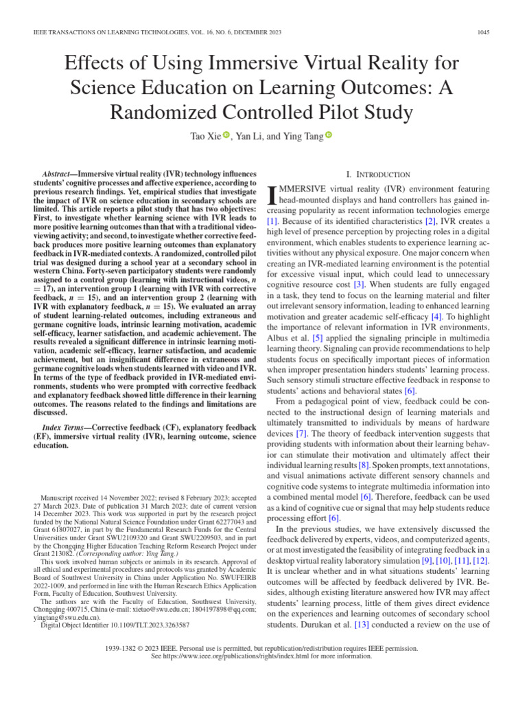 Effects of Using Immersive Virtual Reality For Science Education On ...