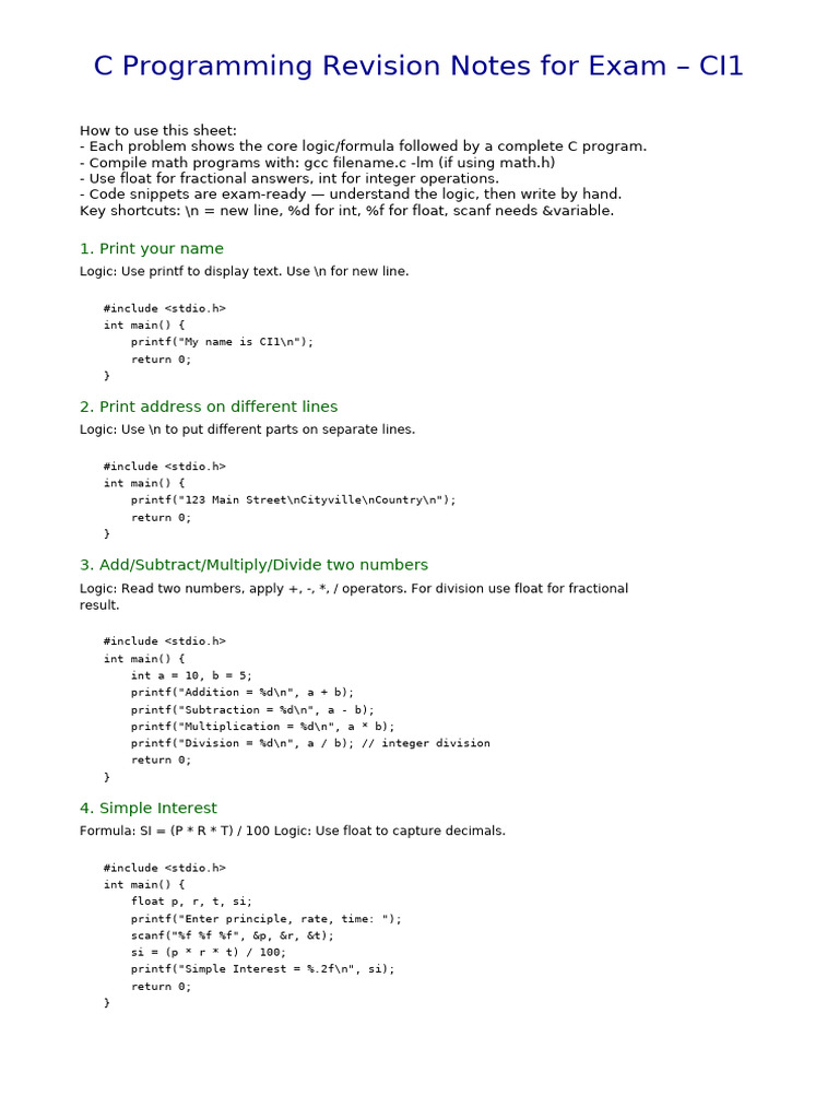 C Programming Revision Notes CI1 | PDF | Area | Pi