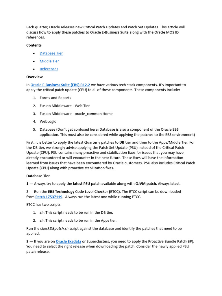 Applying Oracle EBS CPU/PSU Patches Guide | PDF | Oracle Database ...