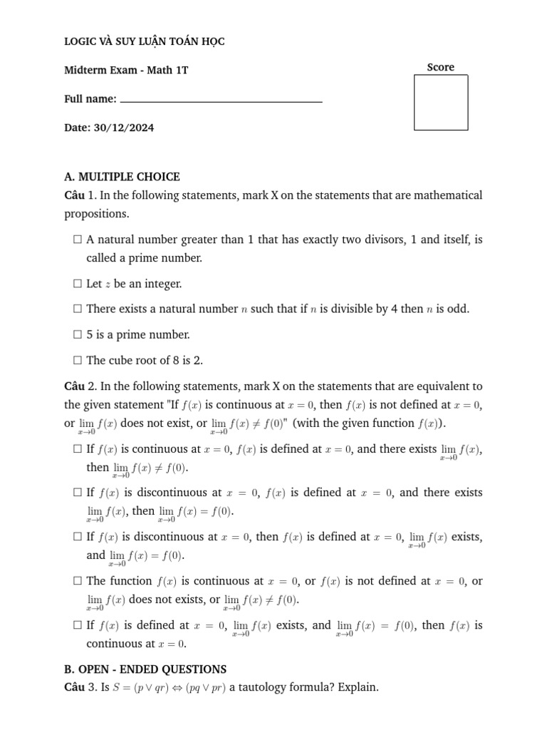 Logic Midterm 2425 TA - 4 | PDF | Mathematics | Mathematical Logic