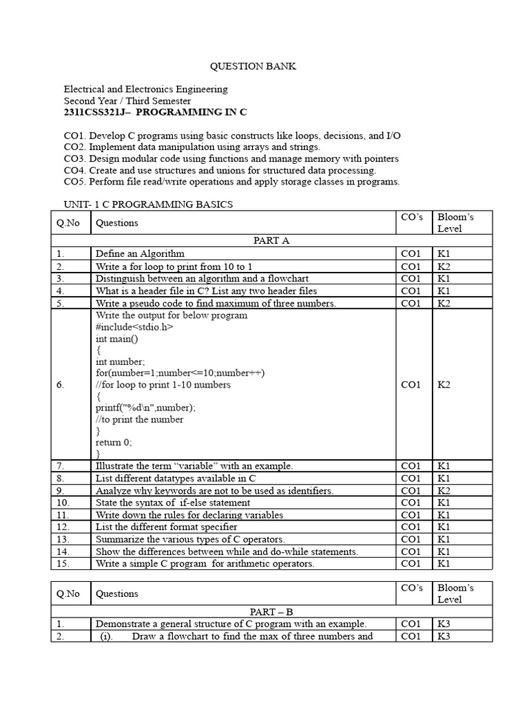 C Programming Question Bank for Engineers | PDF | String (Computer ...