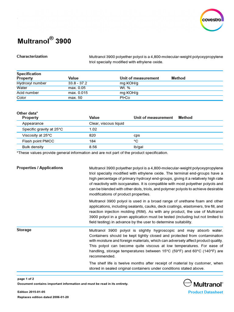 Multranol 3900 Polyether Polyol Datasheet | PDF
