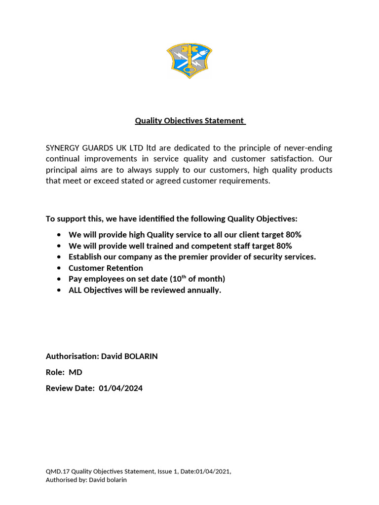 QMD.18 Quality Objectives Statement | PDF