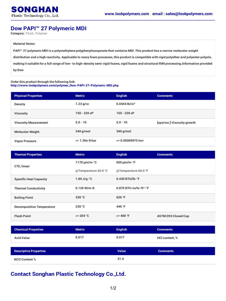 Dow (Songhan) - PAPI 27 Polymeric MDI | PDF | Polymers | Viscosity