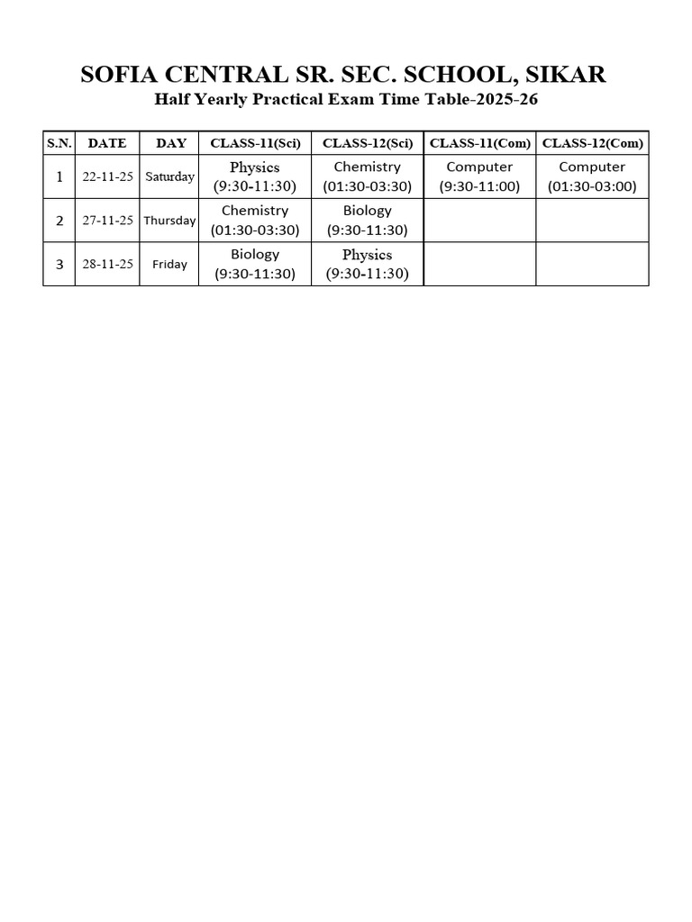 Half Yearly Practical Exam Time Table | PDF